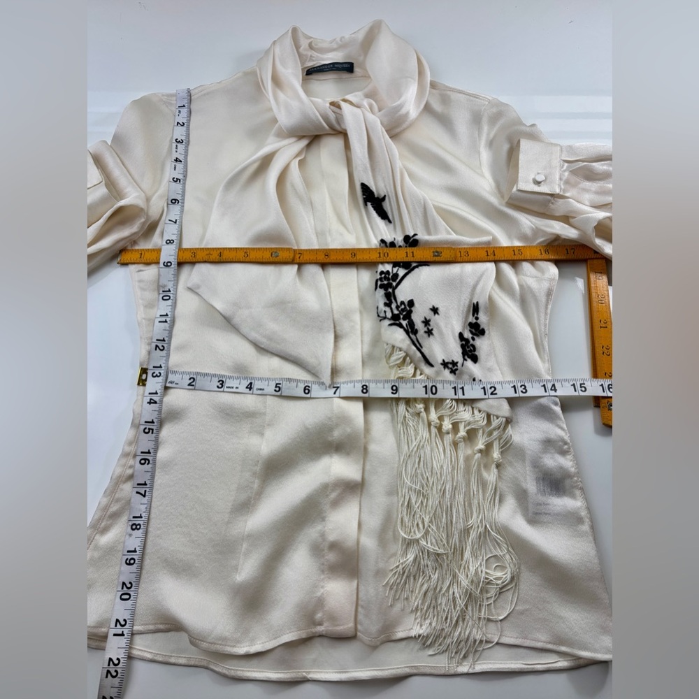 Alexander McQueen Ivory Silk Tie-Neck Button Down Blouse with Black Embroidery - Picture 12 of 15